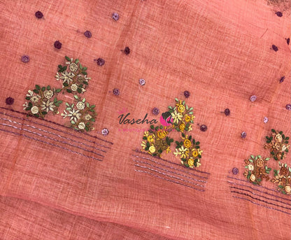French Knot - Linen Tissue Saree - Peach Shade - VVLFN017