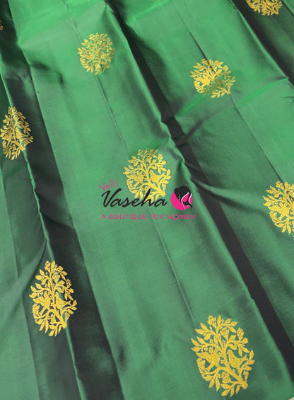 Pure Kanchipuram Silk Saree - Border Less - Green  with Lemon Yellow Combo - VVPS043