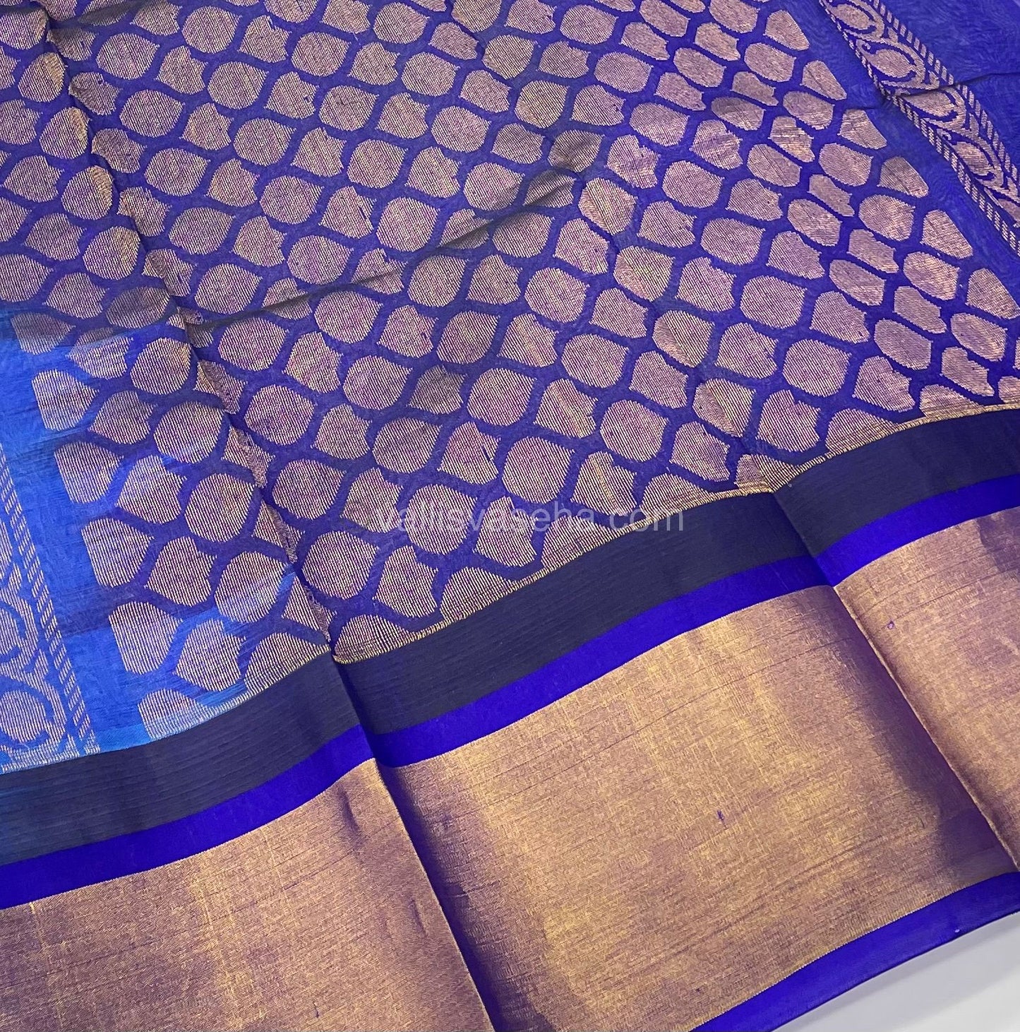 Pure Korvai Silk Cotton Saree - Light Blue with Blue Combo - Temple border - VVKSC001