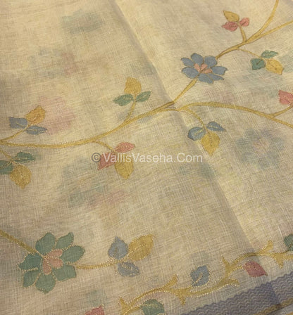 Tissue Linen Saree - Cream With Blue Shade - VVTLS003