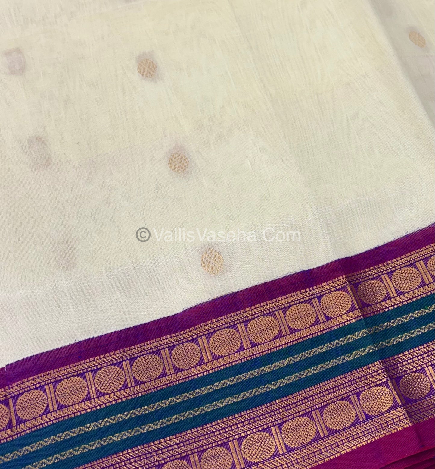 Pure Korvai Silk Cotton Saree - Cream with Purple - VVKSC004