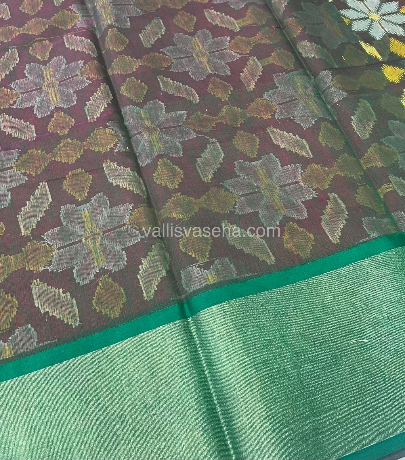 Banarasi Pochampally Weaving Semi Soft Cotton Saree - Pinkish Red with Green - VVBPS001
