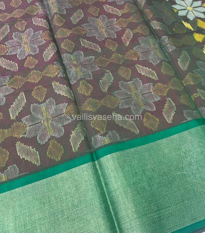 Banarasi Pochampally Weaving Semi Soft Cotton Saree - Pinkish Red with Green - VVBPS001