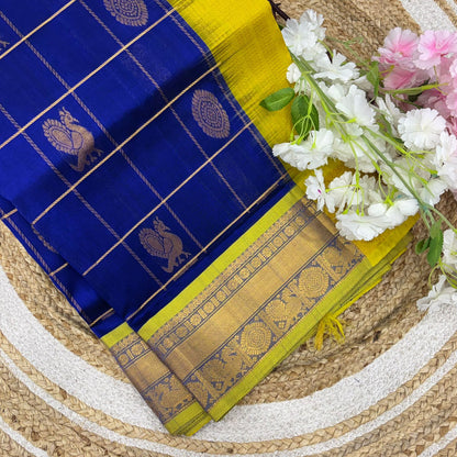 Pure Silk Cotton Saree - Mayil & Chakkaram Design - Blue With Yellow Shade - VVMC001
