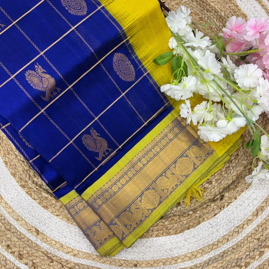 Pure Silk Cotton Saree - Mayil & Chakkaram Design - Blue With Yellow Shade - VVMC001