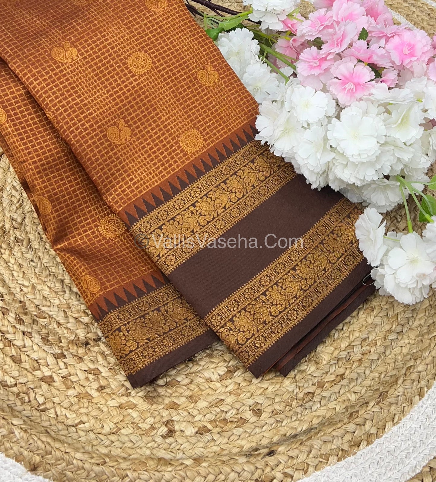 Kanchi Semi Silk - Mayil & Chakkaram design - Rust Orange with Brown - VVKSS001