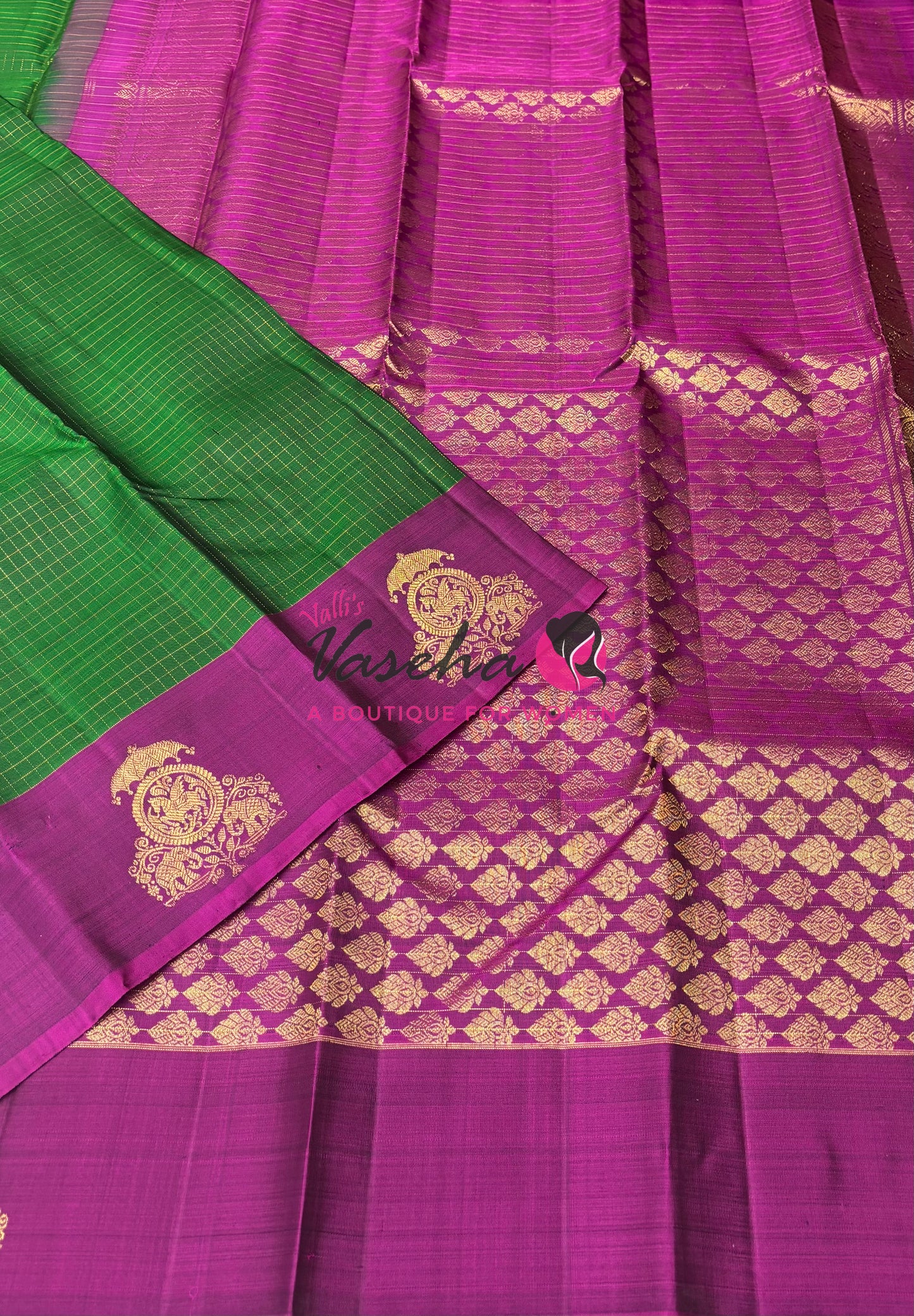 Pure Kanchipuram Silk Saree - Green & Purplish Pink Combo - VVPS075