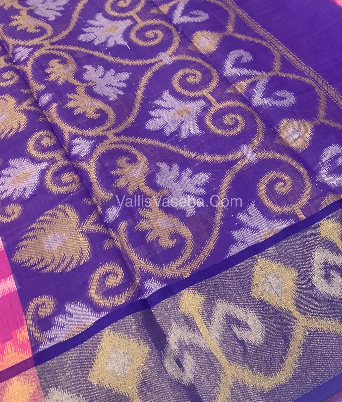 Banarasi Pochampally Weaving Semi Soft Cotton Saree - Pink with Purple - VVBPS001