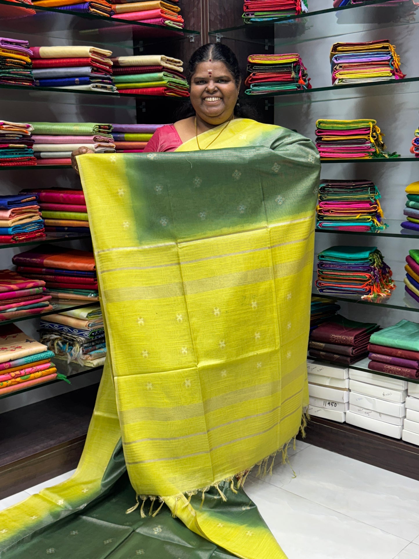 Bhagalpuri Silk - Vaira Voosi Lines -Green & Lemon Yellow Combo - VVBSV001
