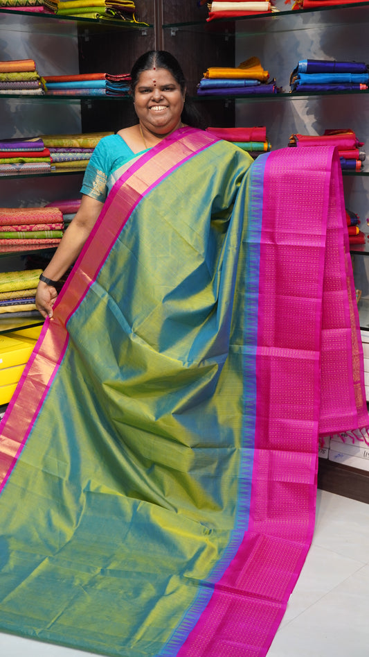 Pure Korvai Silk Cotton Saree - Lakshadeepam Design - Double Tone Green with Pink - VVKLD002