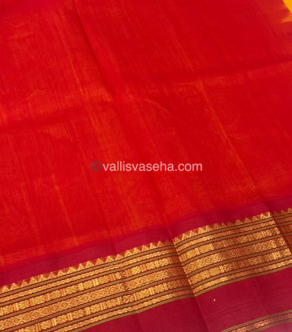 Pure Korvai Silk Cotton Saree - Yellow with Red  - Retta Petta border - VVKSC004
