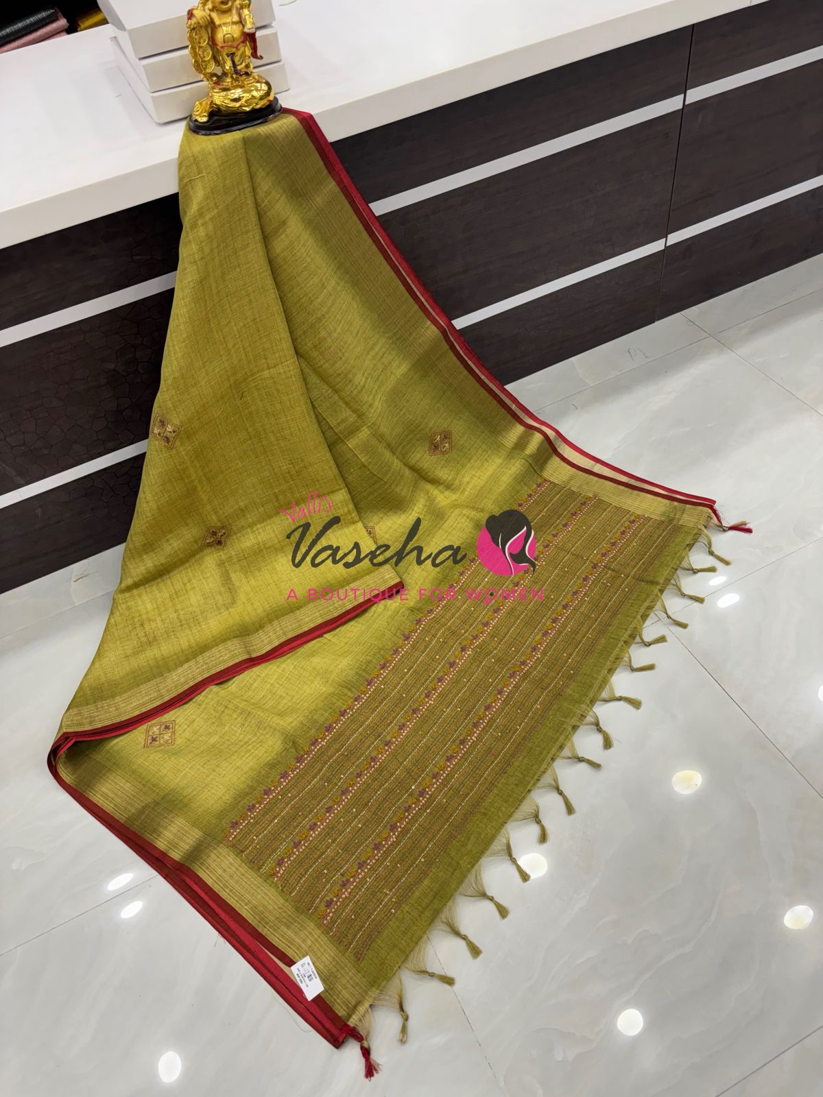 French Knot - Linen Tissue Saree - Green Shade - Heavy Work Blouse - VVLFN016