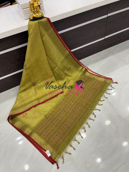 French Knot - Linen Tissue Saree - Green Shade - Heavy Work Blouse - VVLFN016