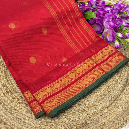 Pure Korvai Silk Cotton - Checks Pattern - Red with Green Shade  - VVKSC015