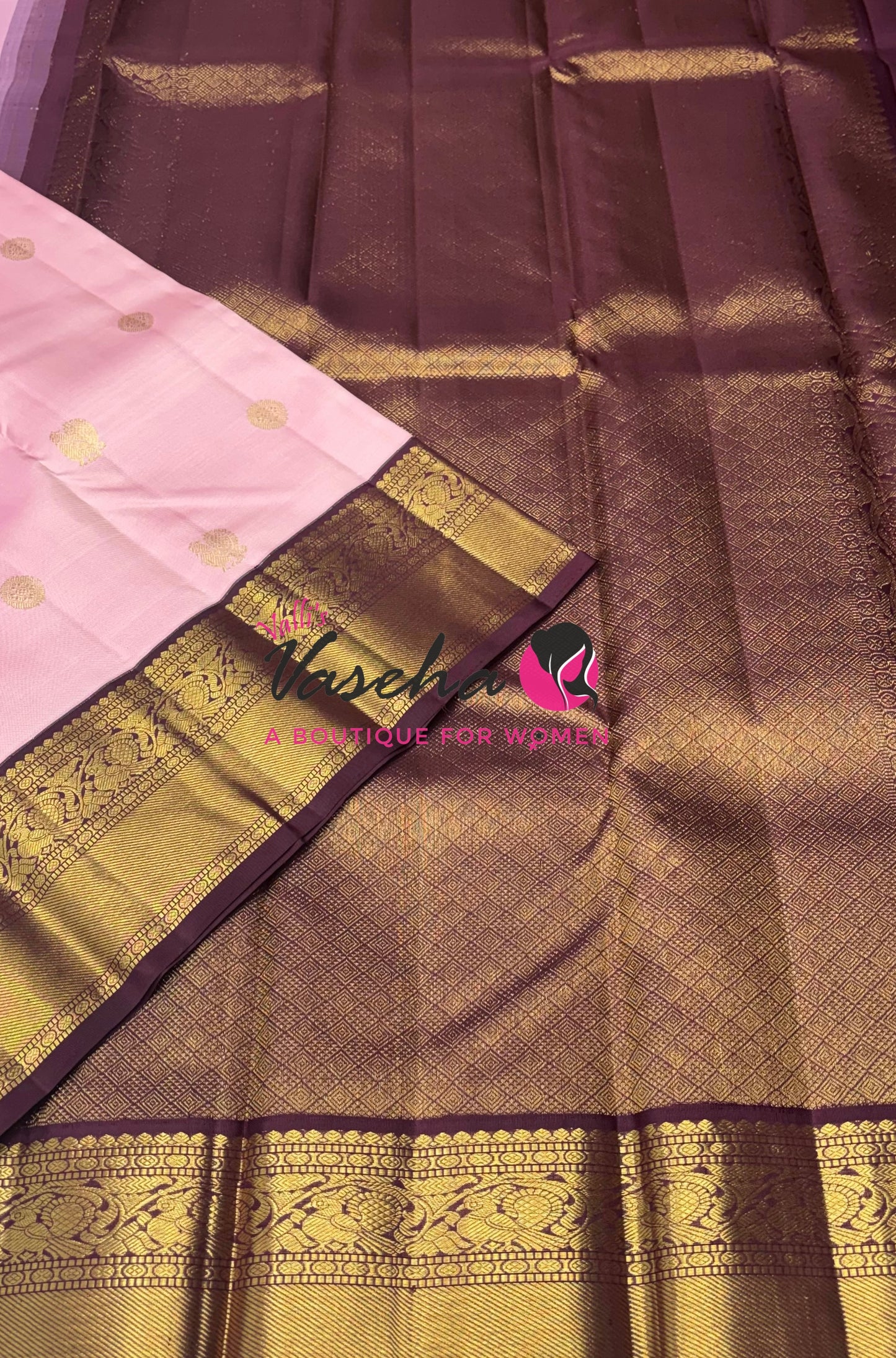 Pure Vintage Korvai Kanchipuram Silk Saree - Light Pastel /Light Baby Pink With Wine Brown Combo - VVPS066