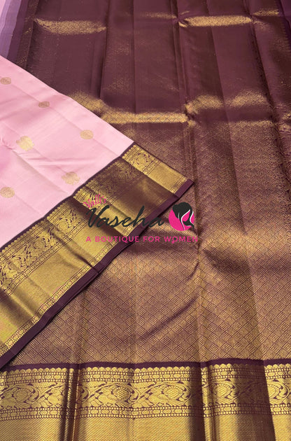 Pure Vintage Korvai Kanchipuram Silk Saree - Light Pastel /Light Baby Pink With Wine Brown Combo - VVPS066