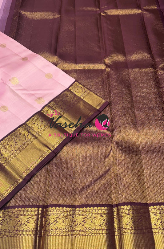 Pure Vintage Korvai Kanchipuram Silk Saree - Light Pastel /Light Baby Pink With Wine Brown Combo - VVPS066
