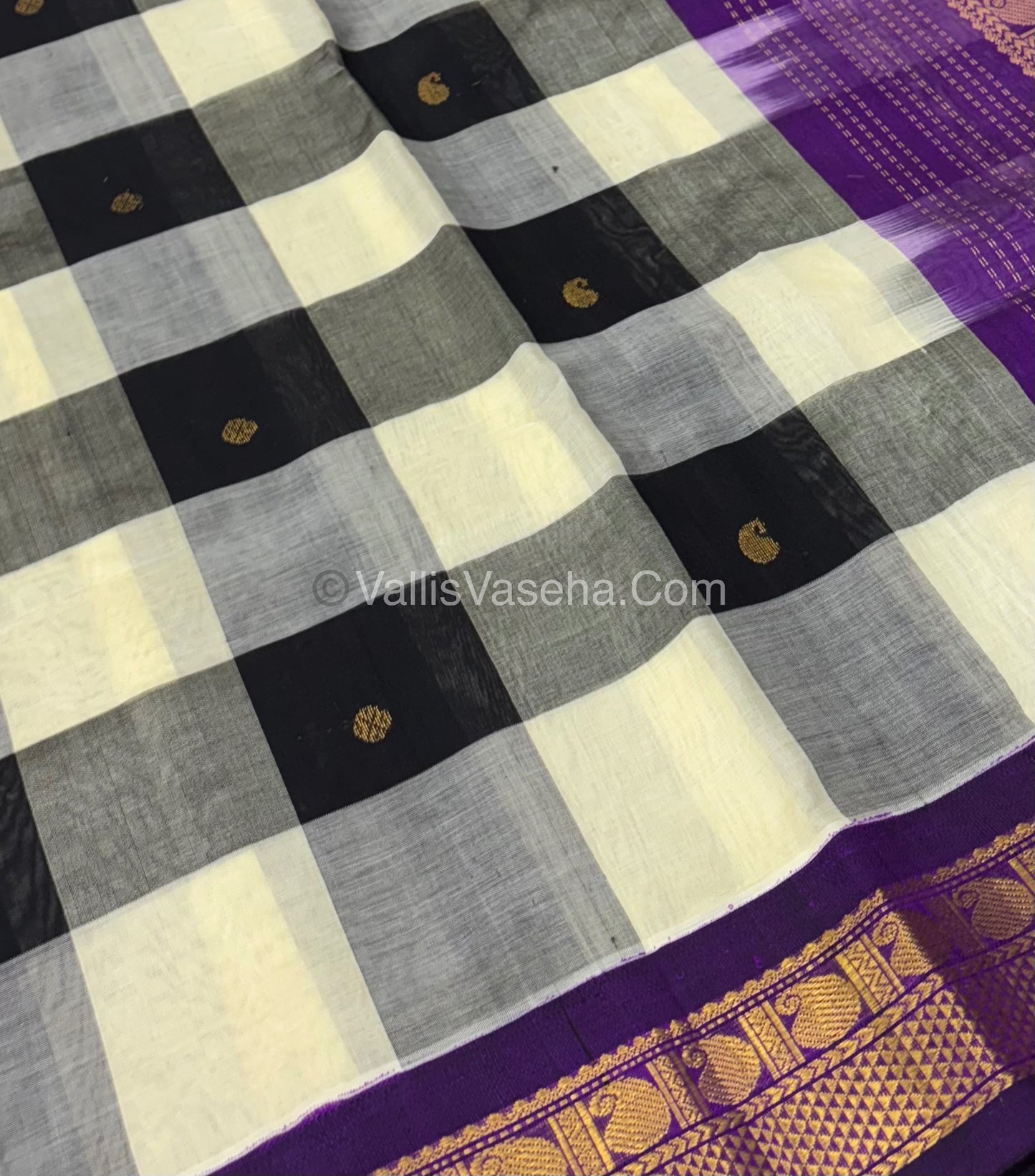 Pure Korvai Silk Cotton With Retta Petta Border -Black & White kattam pattern with Purple Combo - VVKSC003