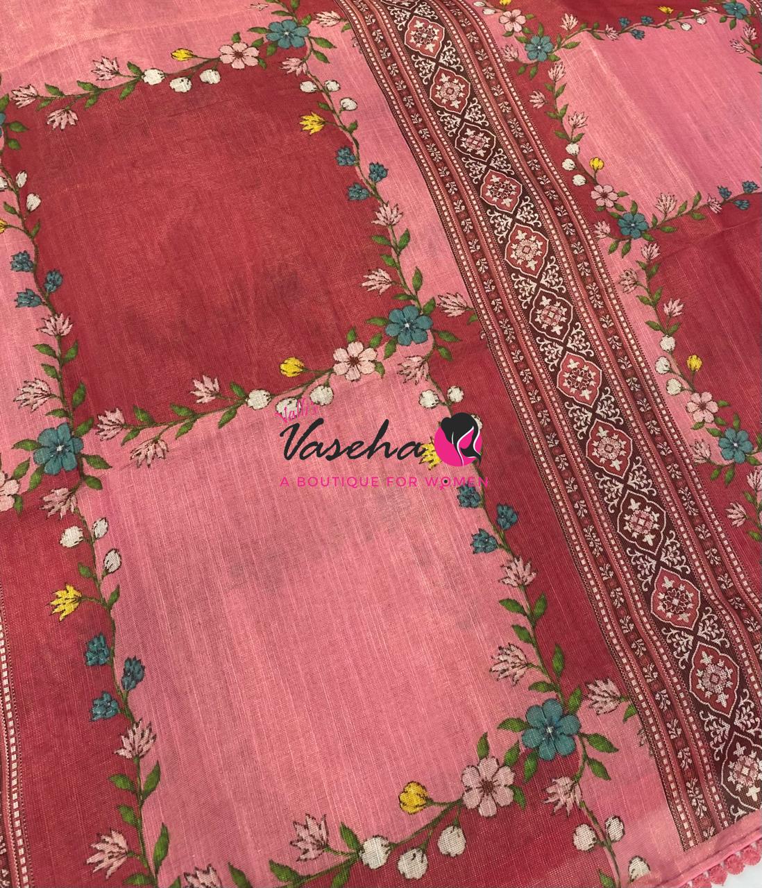 Linen Tissue Saree -  Light & Dark Combo - Pinkish Red Shade - VVLTS007