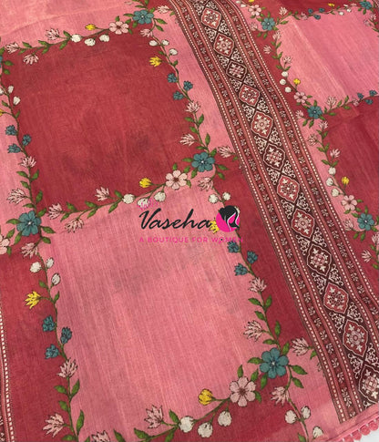 Linen Tissue Saree -  Light & Dark Combo - Pinkish Red Shade - VVLTS007