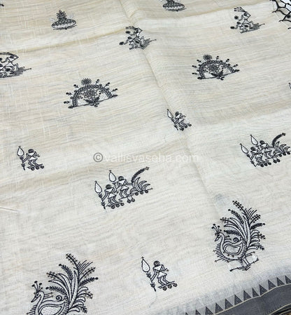 Semi Tussar Embroidery - Cream with Greyish Black Combo - VVSTE001