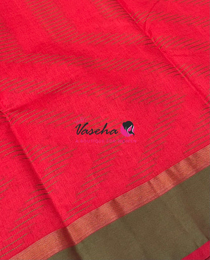 Semi Silk Saree - Thread Work Weaving - Reddish Pink With Green - VVSSS0038