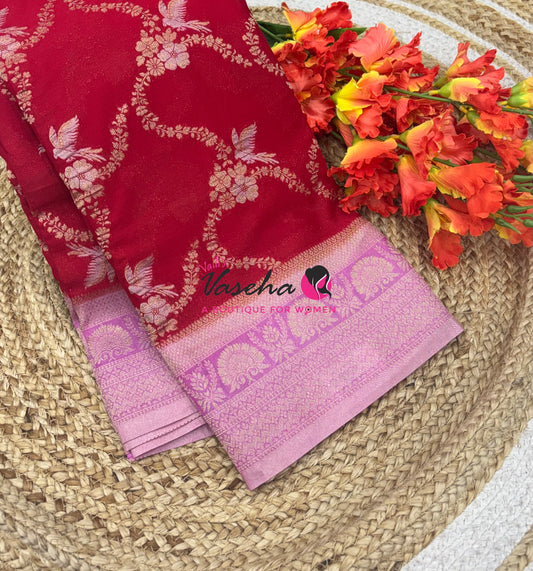 Banarasi Georgette Saree - Red With Pink Combo - VVBGS002