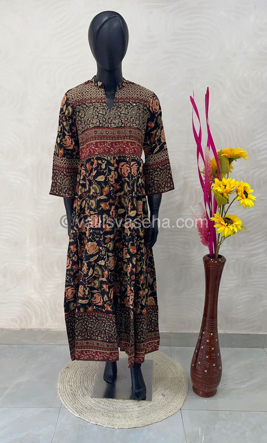 Ready Made - Long Floor Length Kurti - Black Color - Kalamkari Design - VVKLG001