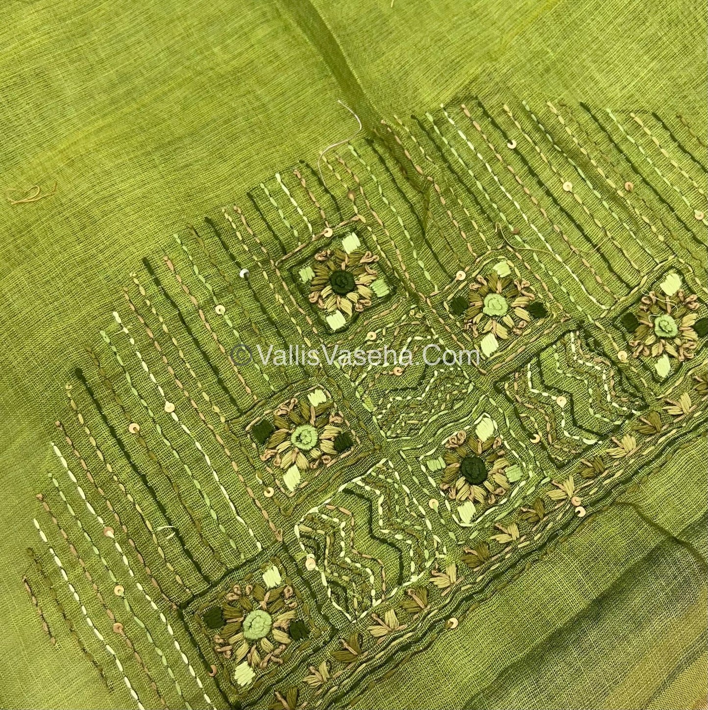 French Knot - Linen Tissue Saree -  Green shade - VVLFN003
