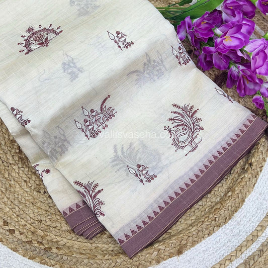 Semi Tussar Embroidery - Cream with Merun Combo - VVSTE001