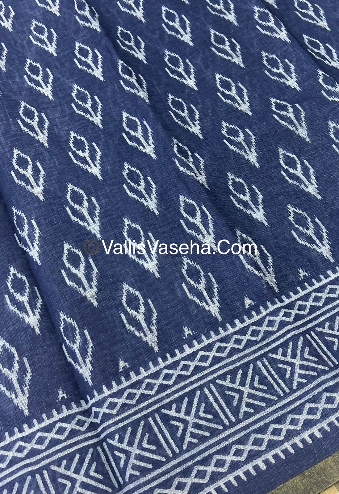 Linen Mixed Cotton Saree - Indigo Blue - Printed - VVLMP001