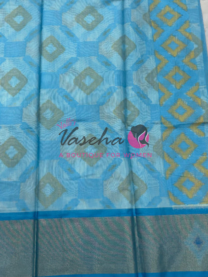 Banarasi Pochampally Weaving Semi Soft Cotton Saree - White with Blue  - VVBPS001