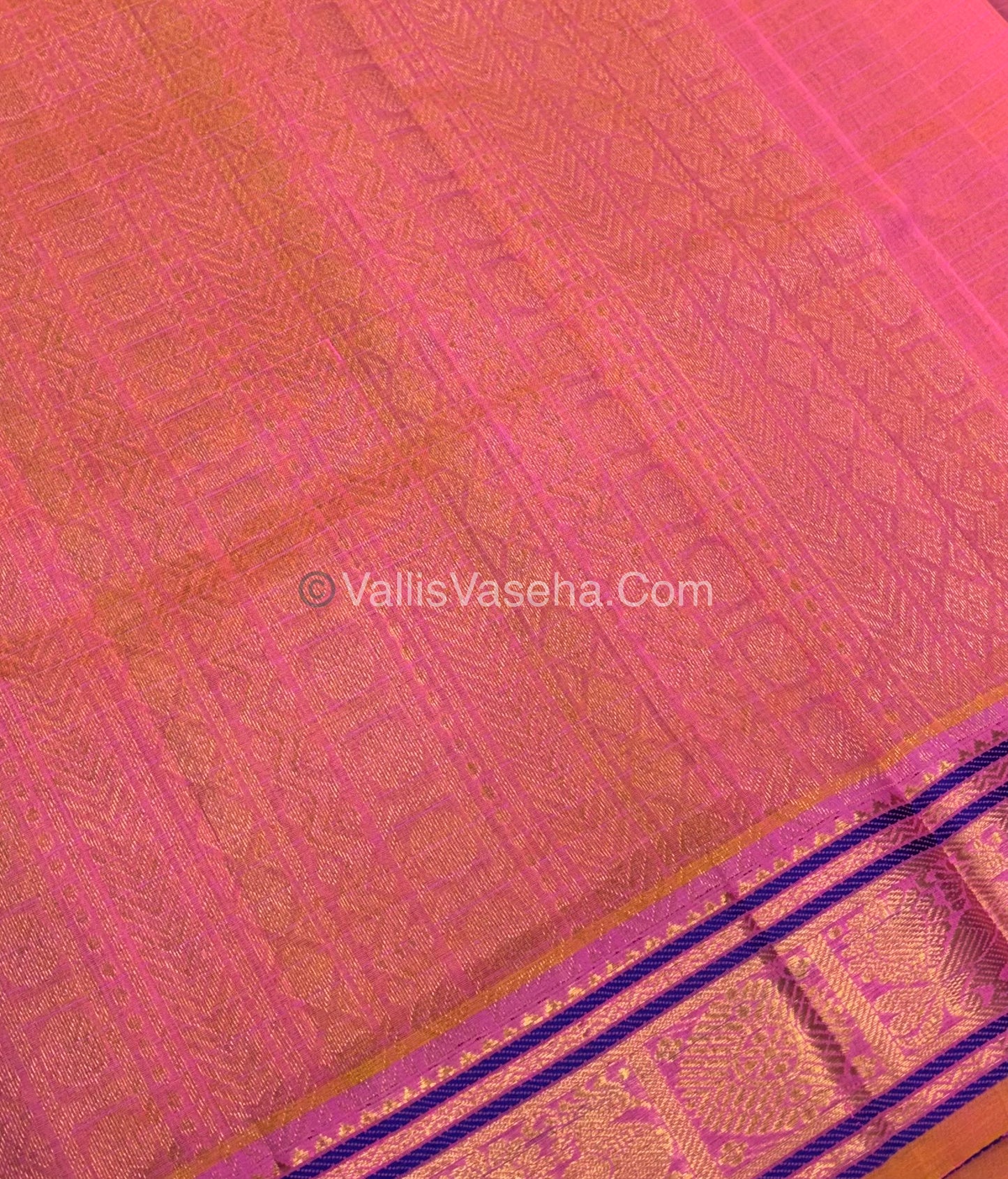 Pure Silk Cotton Saree - Navy Blue￼With Peachish Pink Shade - Lakshadeepam Design - VVPLD001
