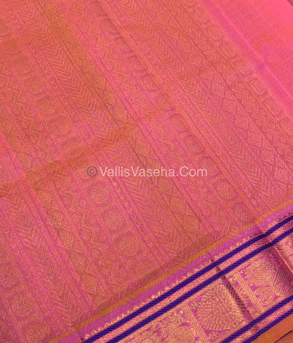 Pure Silk Cotton Saree - Navy Blue￼With Peachish Pink Shade - Lakshadeepam Design - VVPLD001