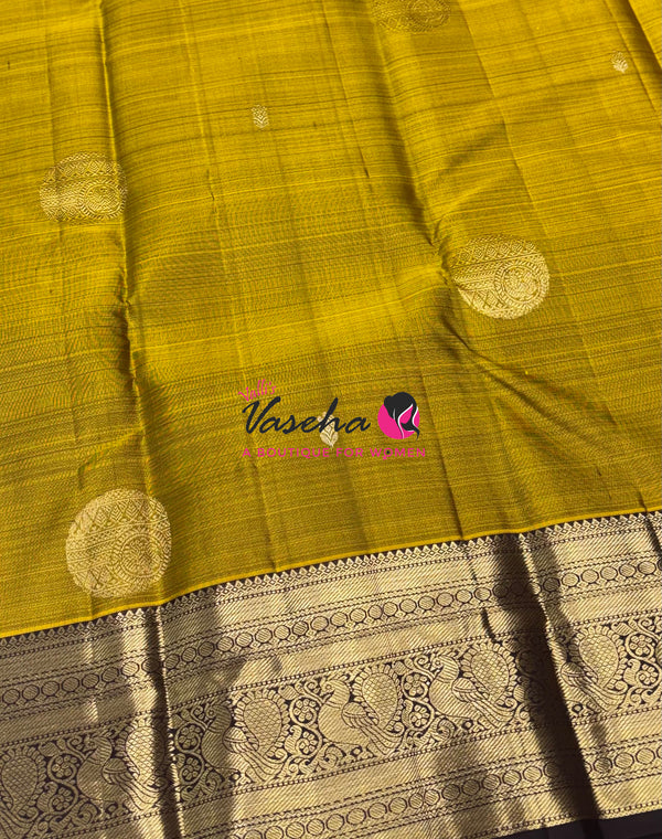 Pure Kanchipuram Silk Saree - Mustard Yellow With Brown - VVPS094