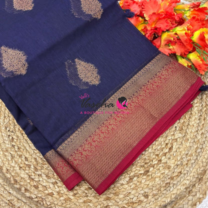 Bamboo Silk Saree - Navy Blue With Red  - VVBSS018