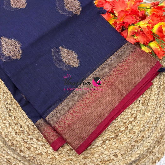 Bamboo Silk Saree - Navy Blue With Red  - VVBSS018