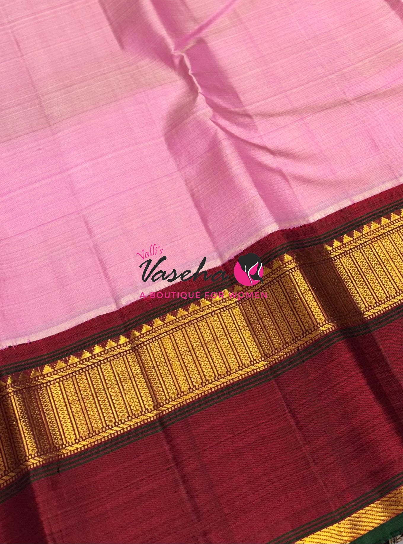 Pure Vintage Korvai Kanchipuram Silk Saree - Baby Pink & Maroon Combo - VVPS021