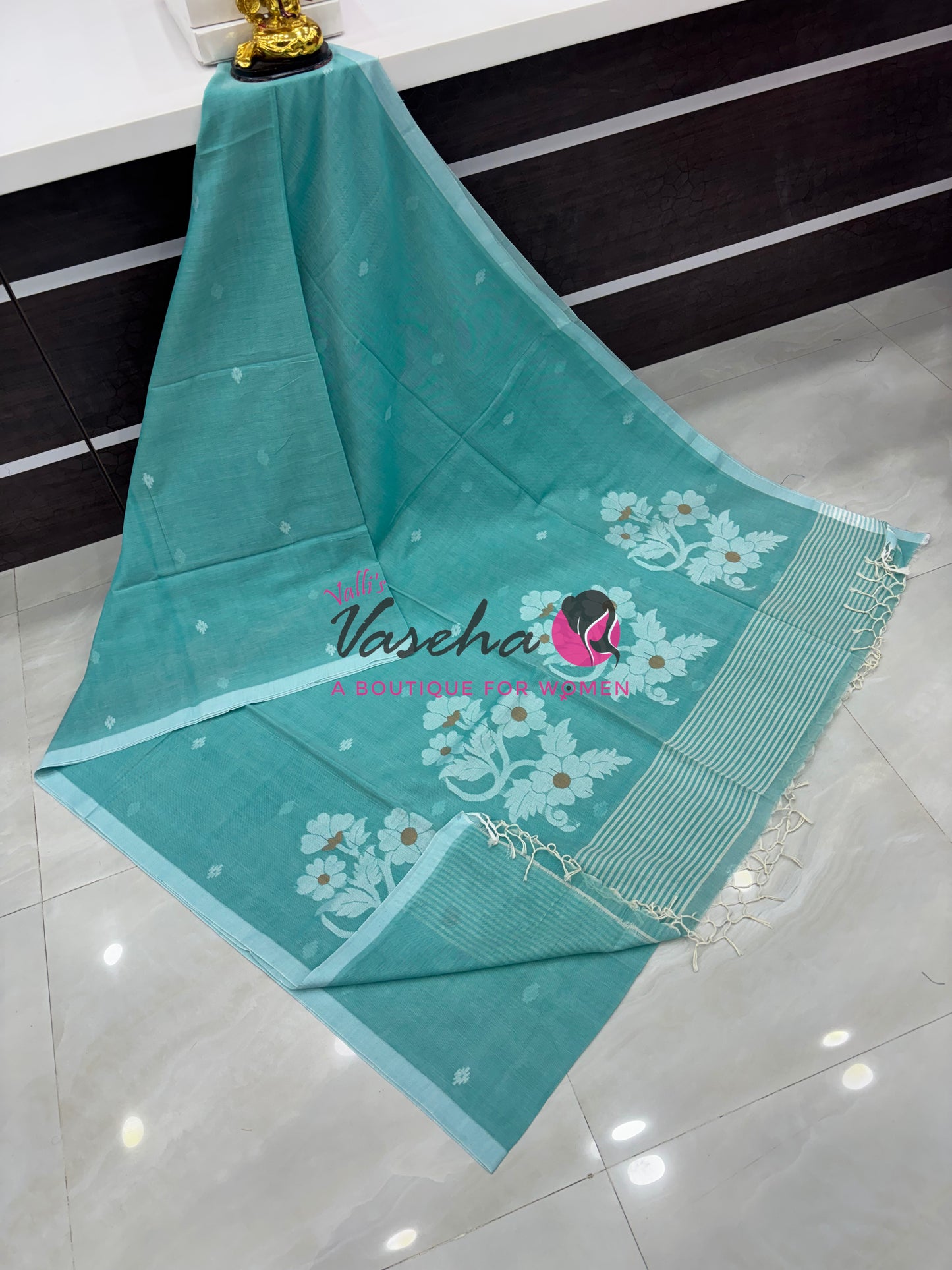Bengal Kaddhi Cotton Saree | VVBKC002 | Sea Blue Shade