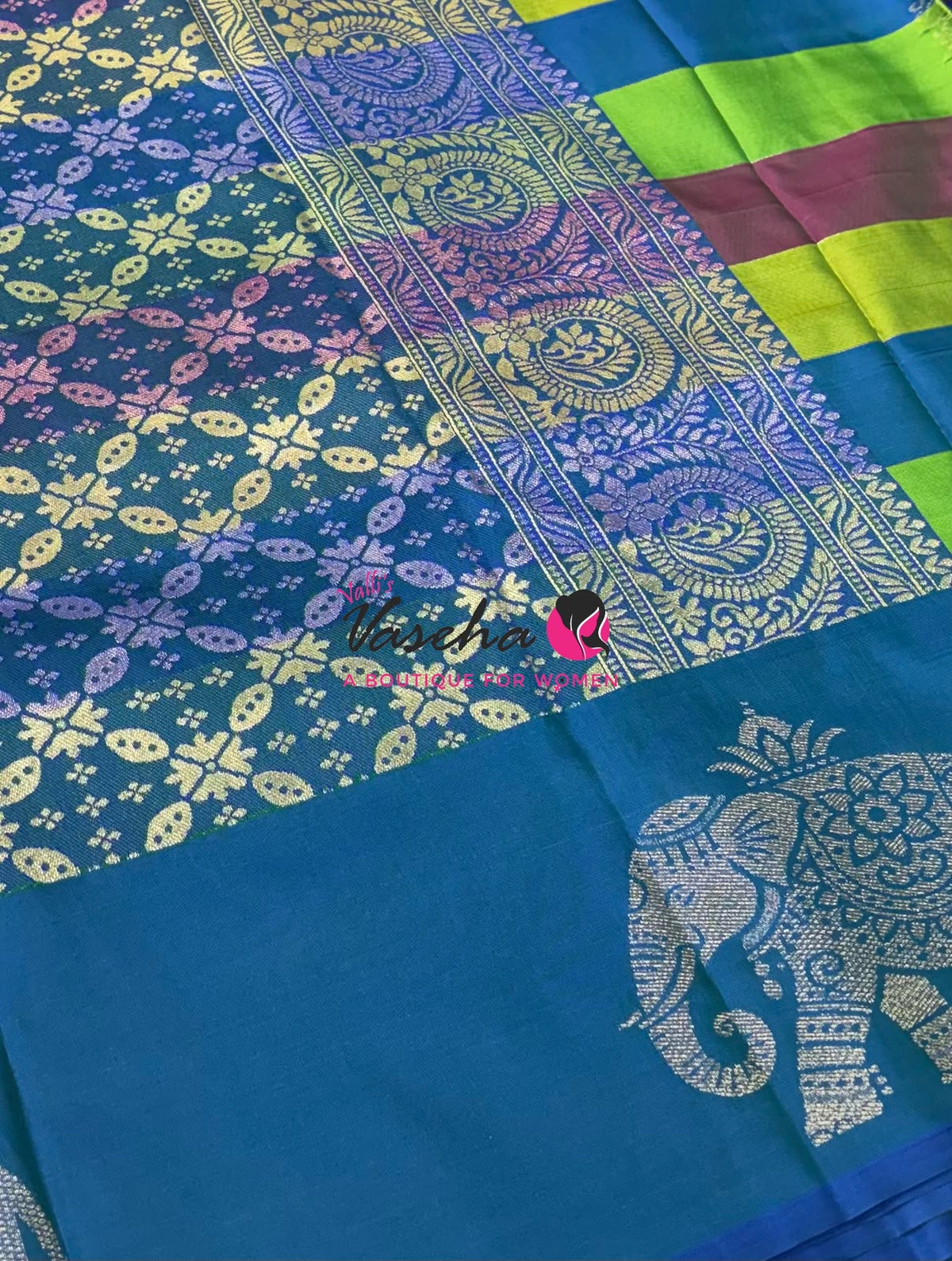 Semi Soft Silk  - Madras Checks Pattern - Peacock Blue Shade  - VVSSS042
