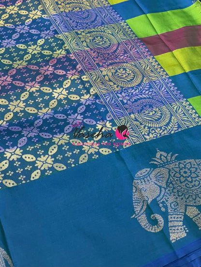 Semi Soft Silk  - Madras Checks Pattern - Peacock Blue Shade  - VVSSS042