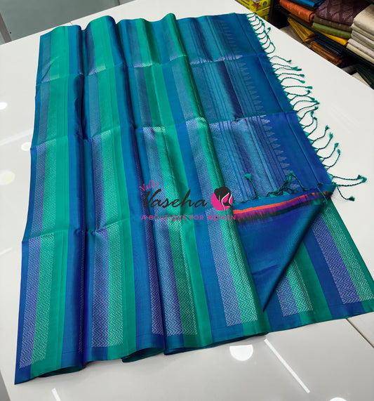 Pure Soft Silk Saree - Border Less  - Sea Green With Peacock Blue Combo - VVPSS068