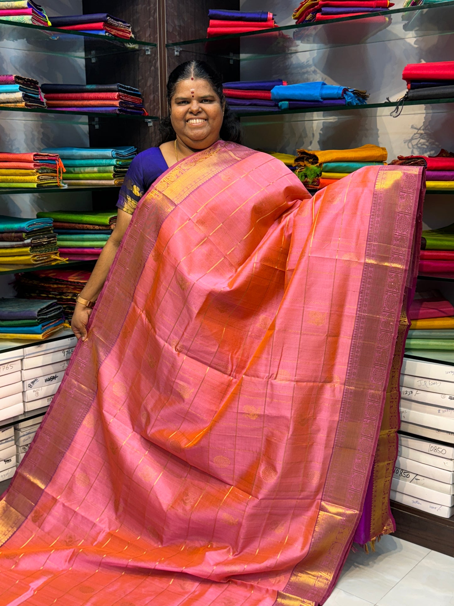 Pure Silk Cotton Saree - Mayil & Chakkaram Design - Peachish Pink with Purple - VVMC001