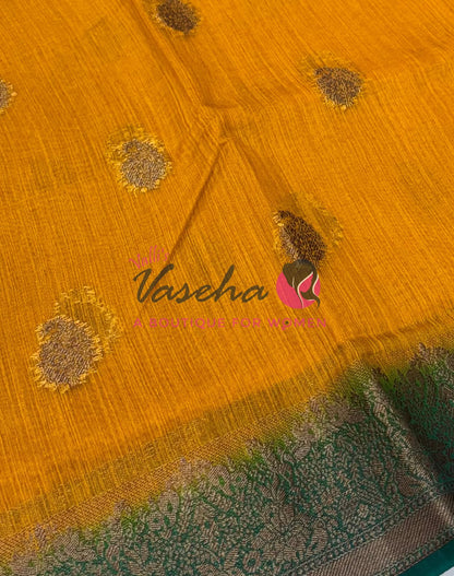 Bamboo Silk Saree- Yellow with Blue Shade - VVBSS014