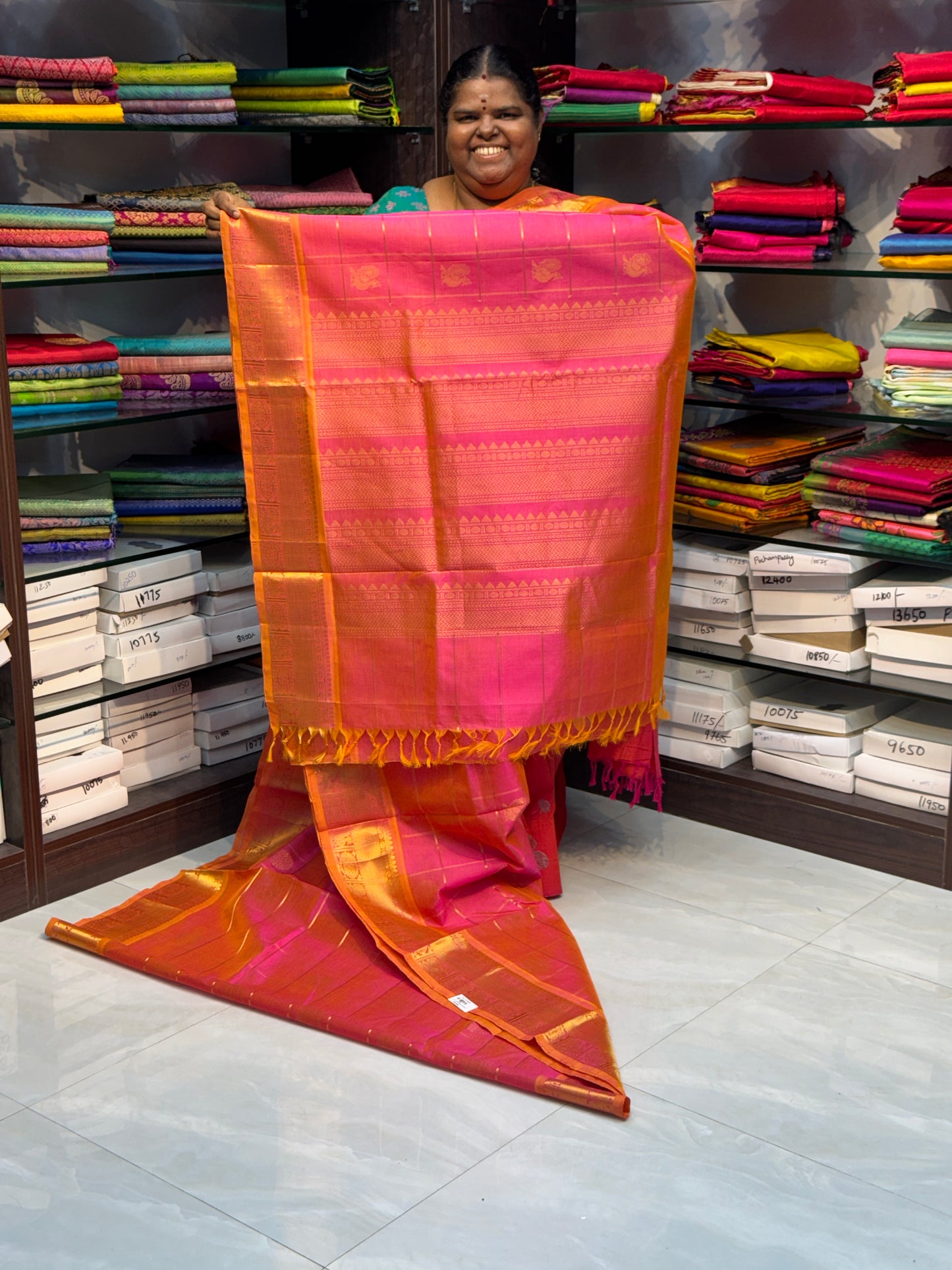 Pure Silk Cotton Saree - Mayil & Chakkaram Design - Peach with Yellow combo - VVMC001