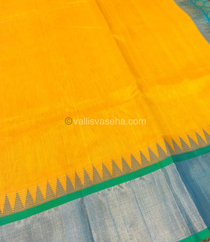 Pure Korvai Silk Cotton Saree -  Lemon Yellow With Blue Shade Temple border - VVKSC001