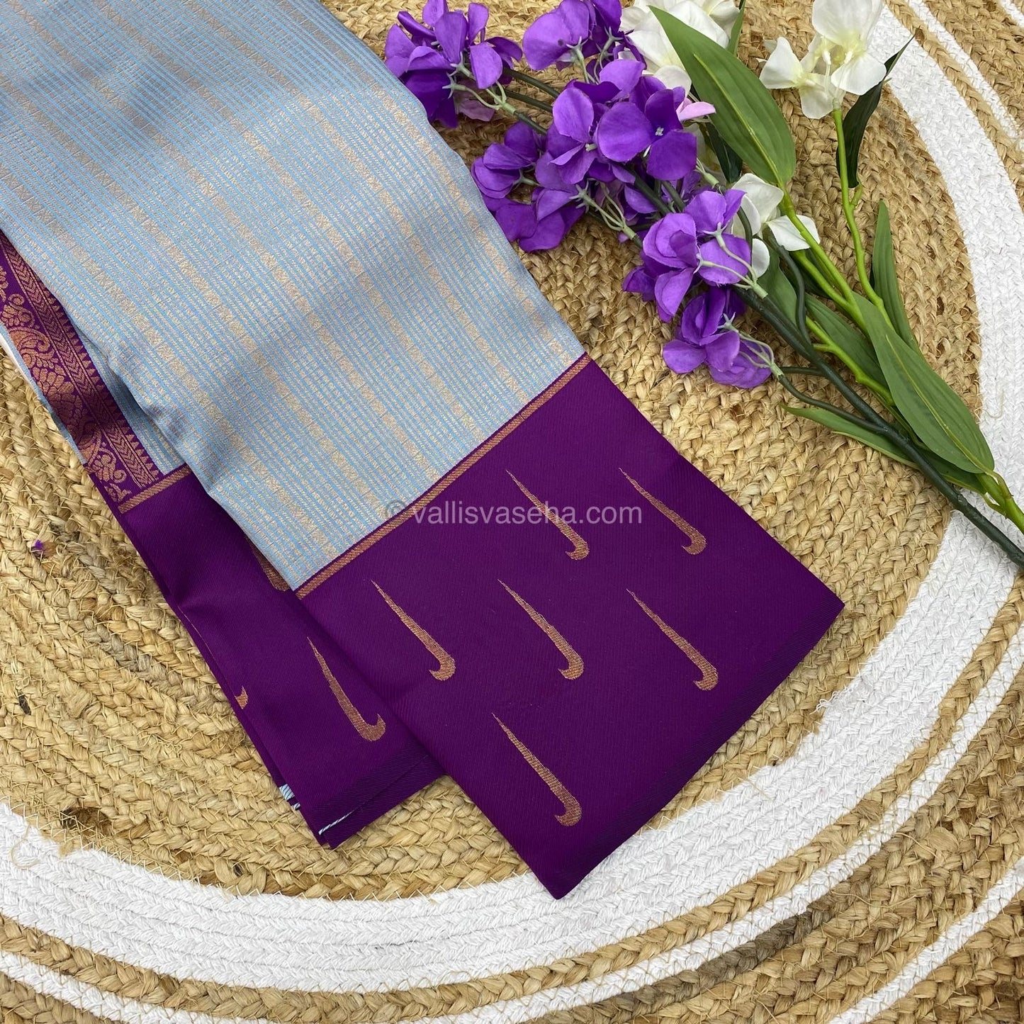 Kanchi Semi Silk - Ice Blue(Grey shade)with Purple - VVKSS001