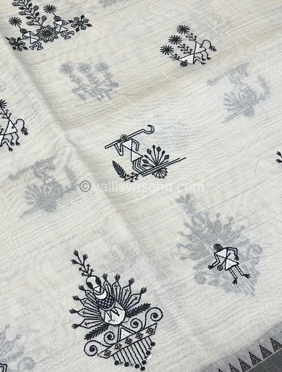 Semi Tussar Embroidery - Cream with Greyish Black Combo - VVSTE001