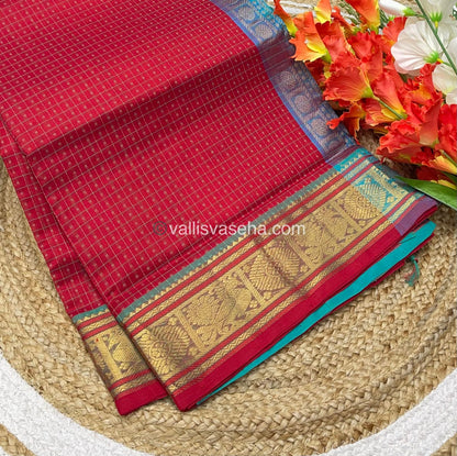 Pure Silk Cotton Saree - Red with Turquoise Blue - Lakshadeepam Design - VVPLD001