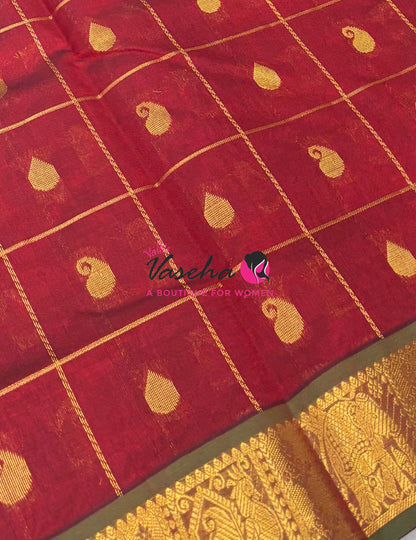 Pure silk  Cotton Saree - Checked Pattern with Butta - Maroon & Green Shade - VVSCC005